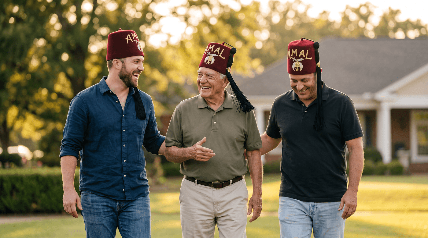 Três Nobres Shriners de diferentes gerações vestindo o tradicional fez vermelho, conversando e sorrindo em um ambiente ao ar livre — representa a união, tradição e continuidade da fraternidade